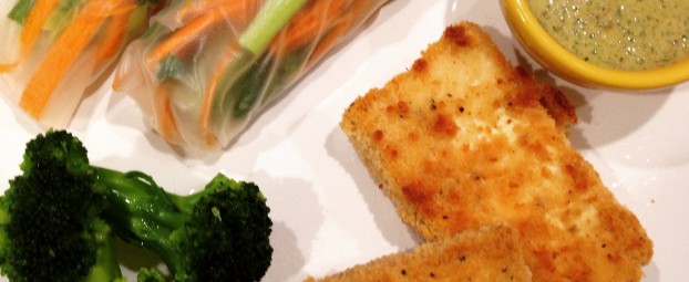 Simple Asian Dinner: Crusted Tofu, Fresh Spring Rolls, Citrus Nut Chutney