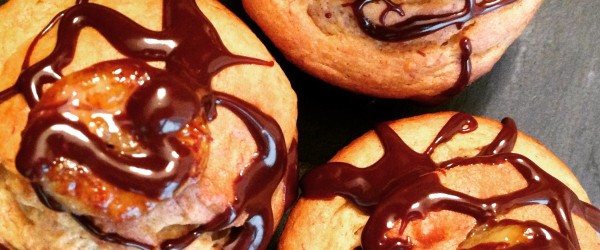 Fluffy Banana Cupcakes Topped With Chocolate Ganache And Caramelized Bananas