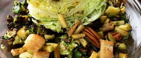 Winter Wedge Salad: Crispy Shredded Brussels & Apple Pecan Panzanella With Maple Vinaigrette