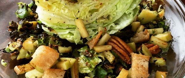 Winter Wedge Salad: Crispy Shredded Brussels & Apple Pecan Panzanella With Maple Vinaigrette